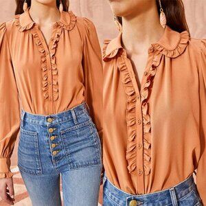 NEW Ulla Johnson Philipa Ruffled Button Placket Long Sleeve Blouse Brown Size: 8